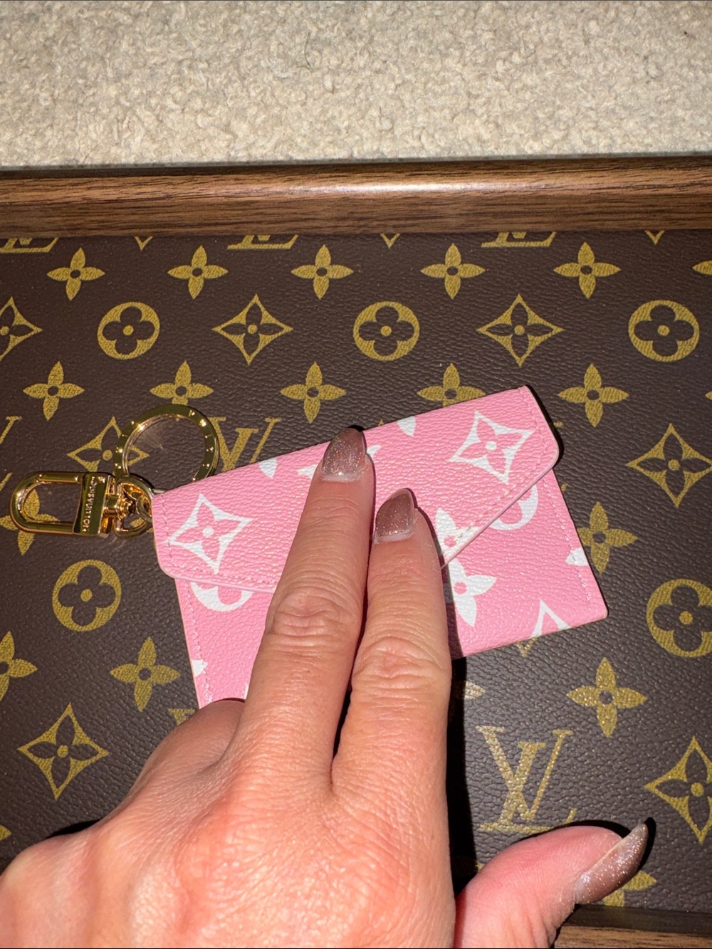 Designer Inspired Pink Monogram Card & Key Pouch with Gold Hardware